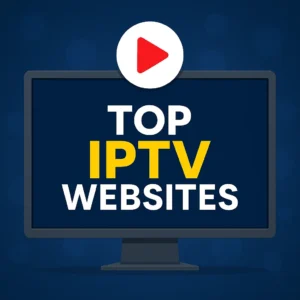 TV screen showing a football match with 'Live HD TV' banner and logos of top IPTV websites for sports streaming