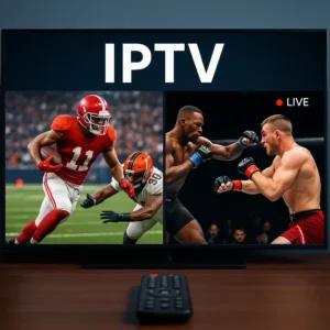 IPTV showing football and UFC live on screen with remote on table
