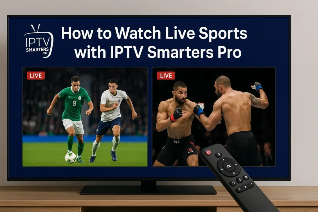 IPTV Smarters Pro app streaming live soccer and UFC on a TV screen