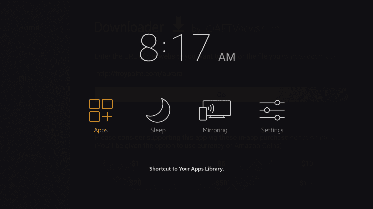Maintenez le bouton Accueil de votre télécommande enfoncé jusqu'à ce que la fenêtre Raccourci vers votre bibliothèque d'applications apparaisse. Cliquez sur Apps.