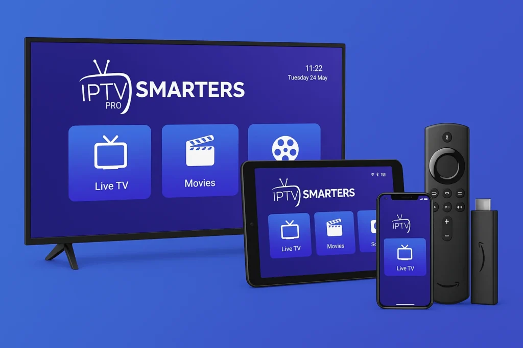 Promotional image showing IPTV Smarters Pro app running on Smart TV, tablet, smartphone, and Fire Stick device.