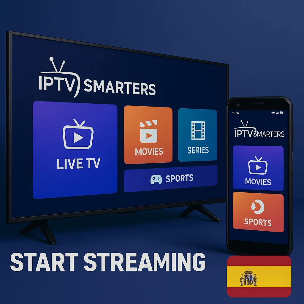 IPTV Smarters Pro promotional image with Spanish flag, Smart TV and smartphone interface for Live TV, Movies, Series, Sports