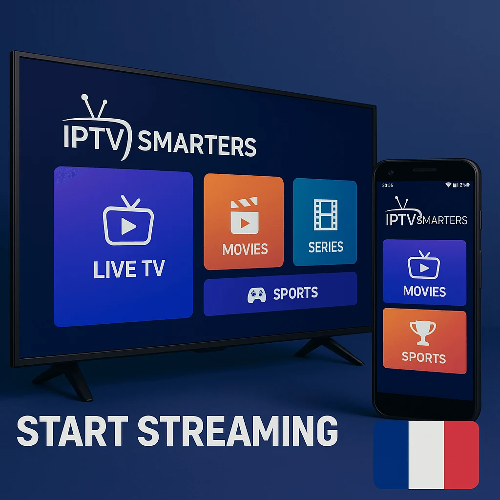IPTV Smarters Pro promotional image with Smart TV and smartphone interface, French flag included