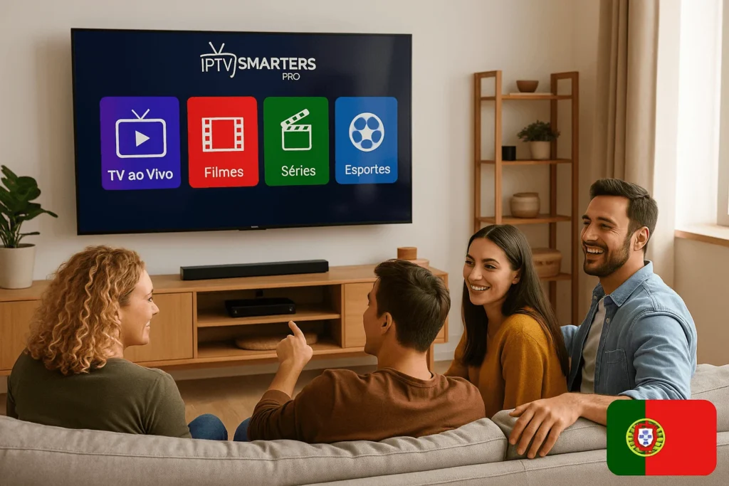 Imagem promocional em Portugal mostrando um salão moderno com televisão grande exibindo IPTV Smarters Pro e amigos assistindo juntos