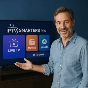Smiling man standing beside a Smart TV showing IPTV Smarters Pro interface with Live TV, Movies, and Sports icons