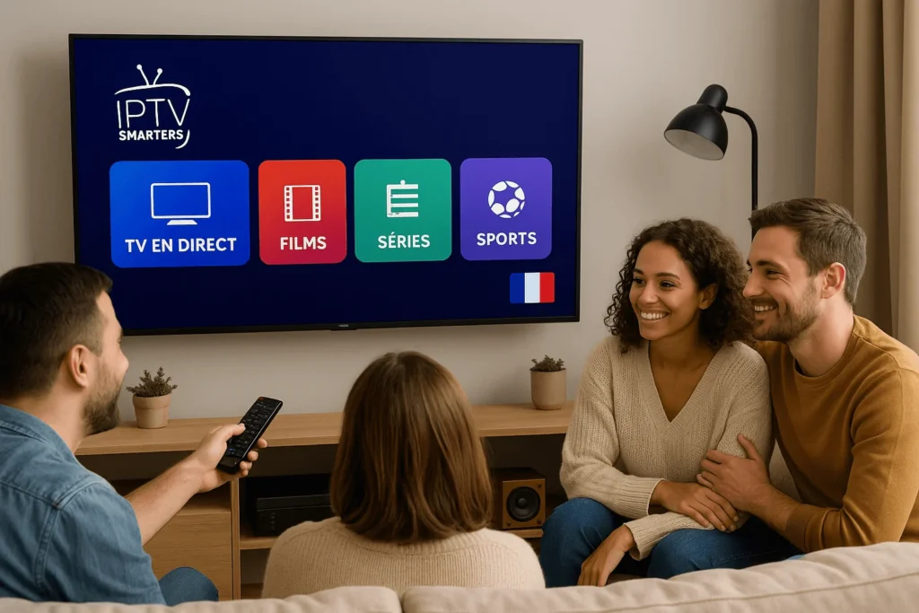 Photo promotionnelle en France montrant un salon moderne avec un téléviseur affichant IPTV Smarters Pro et des amis profitant de la TV en direct, films et séries
