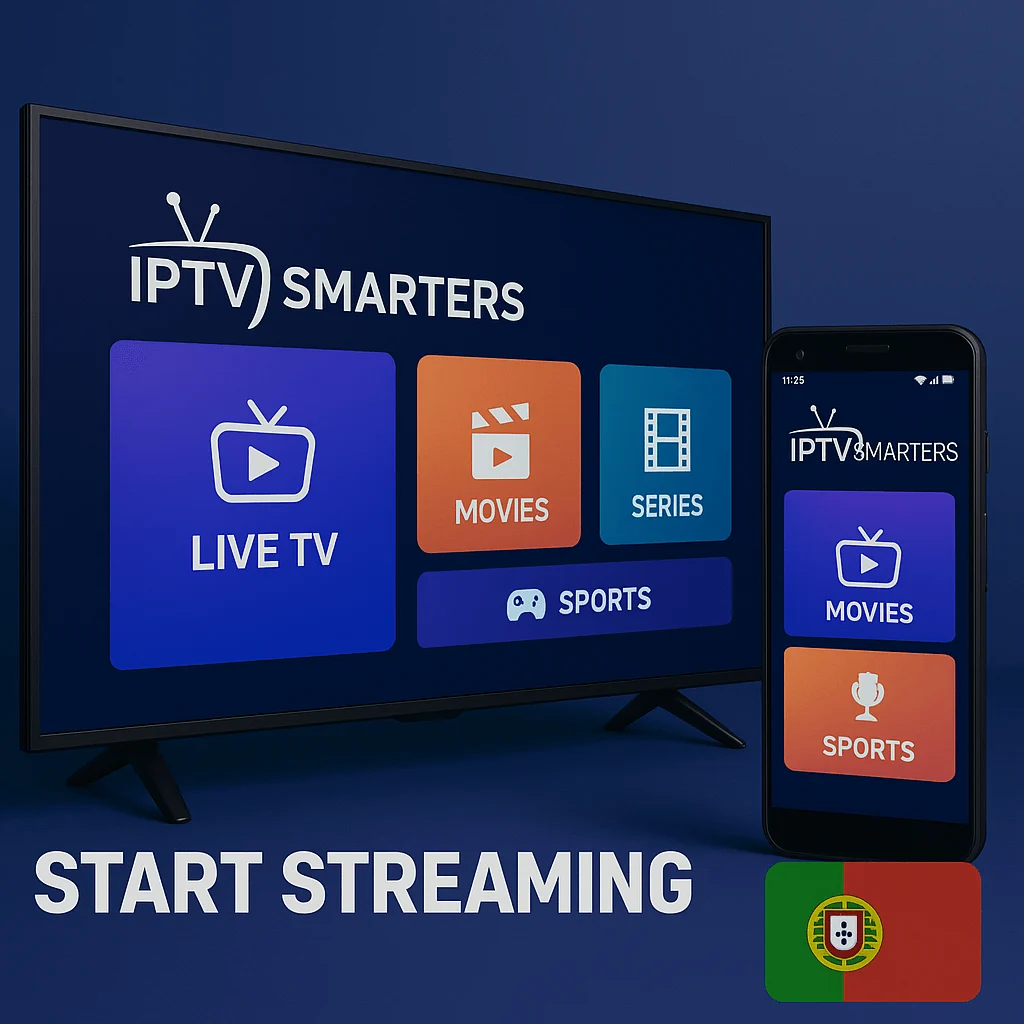 IPTV Smarters Pro promotional image in Portugal with Smart TV and smartphone interface and Portuguese flag