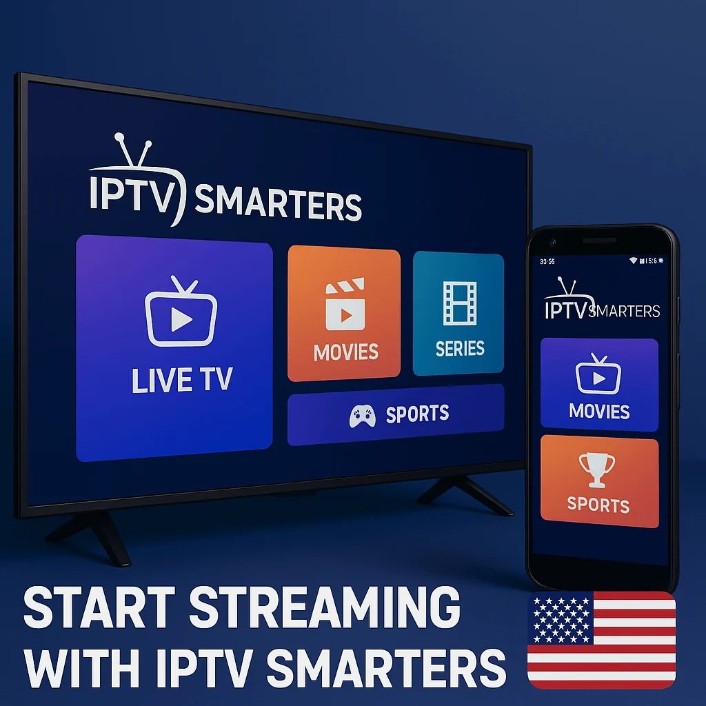 Promotional IPTV Smarters Pro image with Smart TV and smartphone showing Live TV, Movies, Series, Sports