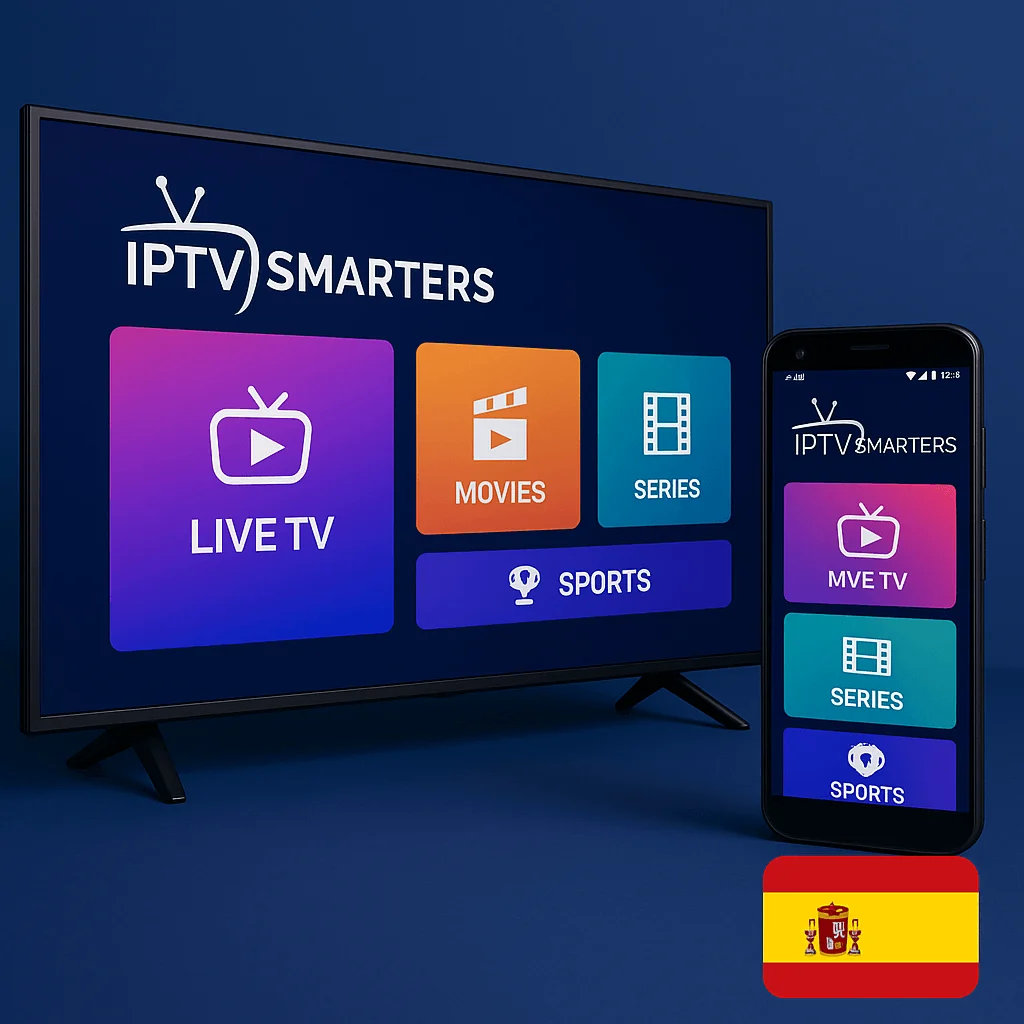 Imagen promocional IPTV Smarters Pro en España mostrando interfaz en televisor y smartphone con bandera española