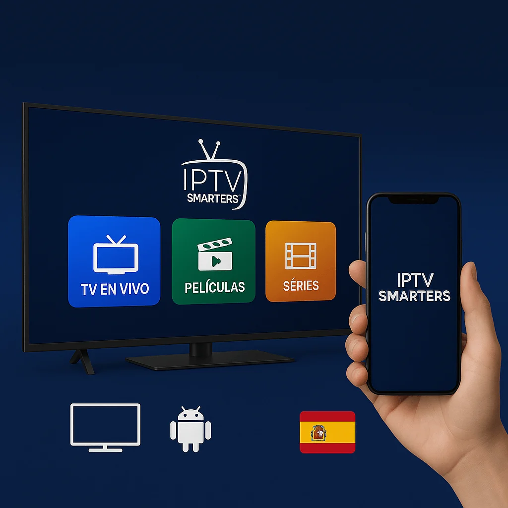 Imagen promocional IPTV Smarters Pro en España mostrando Smart TV y smartphone con la app y bandera española