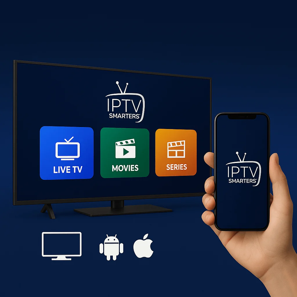 Promotional IPTV Smarters Pro image with Smart TV and smartphone showing Live TV, Movies, and Series icons