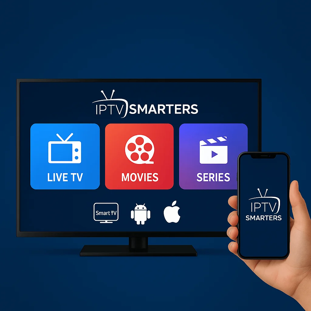 IPTV Smarters Pro promotional image with Smart TV and smartphone showing app interface icons for Live TV, Movies, and Series