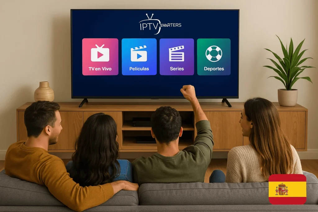 Imagen promocional en España mostrando un salón moderno con un televisor grande y amigos viendo IPTV Smarters Pro con películas, series y deportes