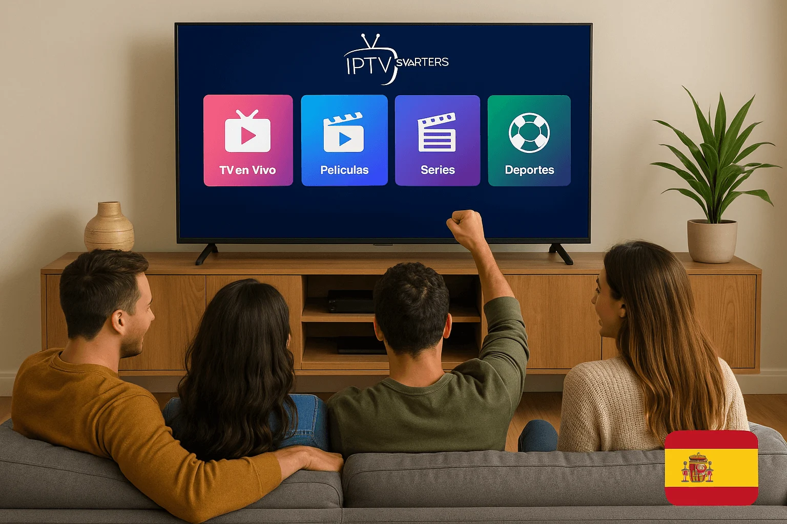 Imagen promocional en España mostrando un salón moderno con un televisor grande y amigos viendo IPTV Smarters Pro con películas, series y deportes