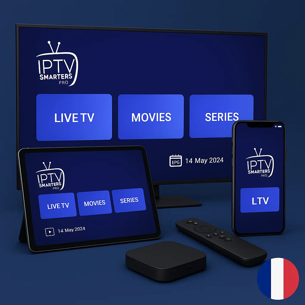 Image promotionnelle IPTV Smarters Pro en France montrant Smart TV, tablette, smartphone et boîtier avec interface TV en Direct, Films, Séries et drapeau français