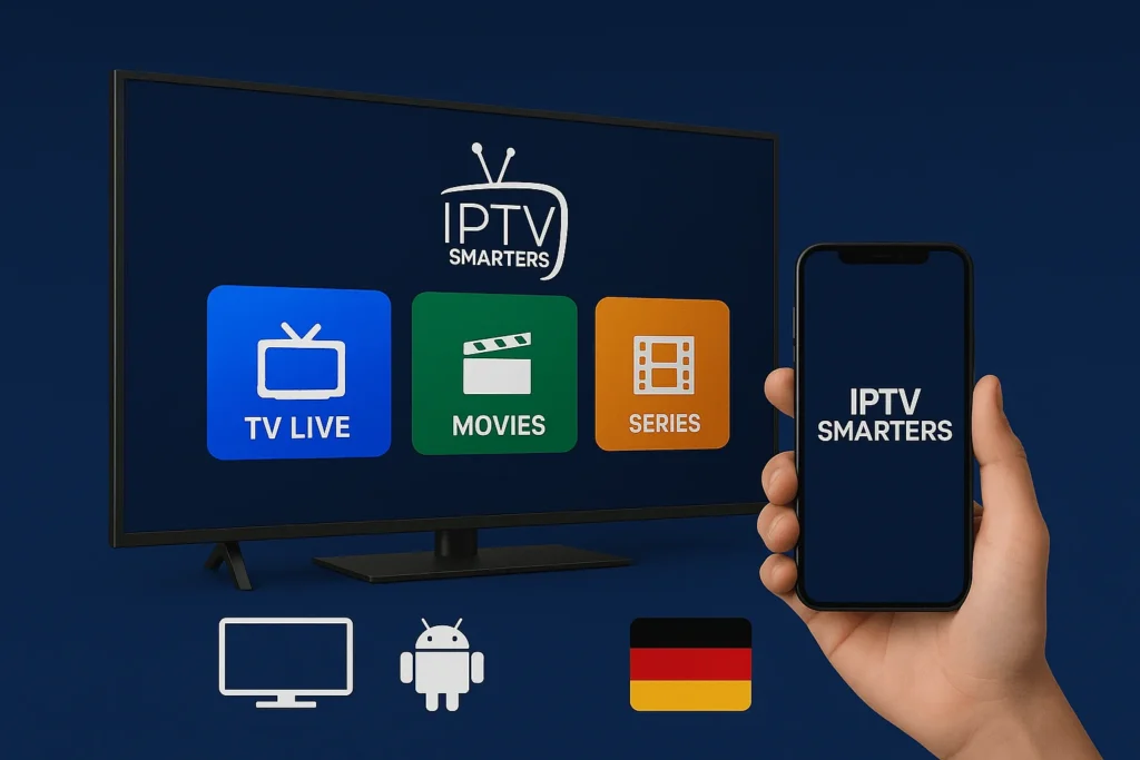 Werbefoto IPTV Smarters Pro in Deutschland mit Smart TV und Smartphone, die die App-Oberfläche mit Symbolen für Live-TV, Filme und Serien zeigen