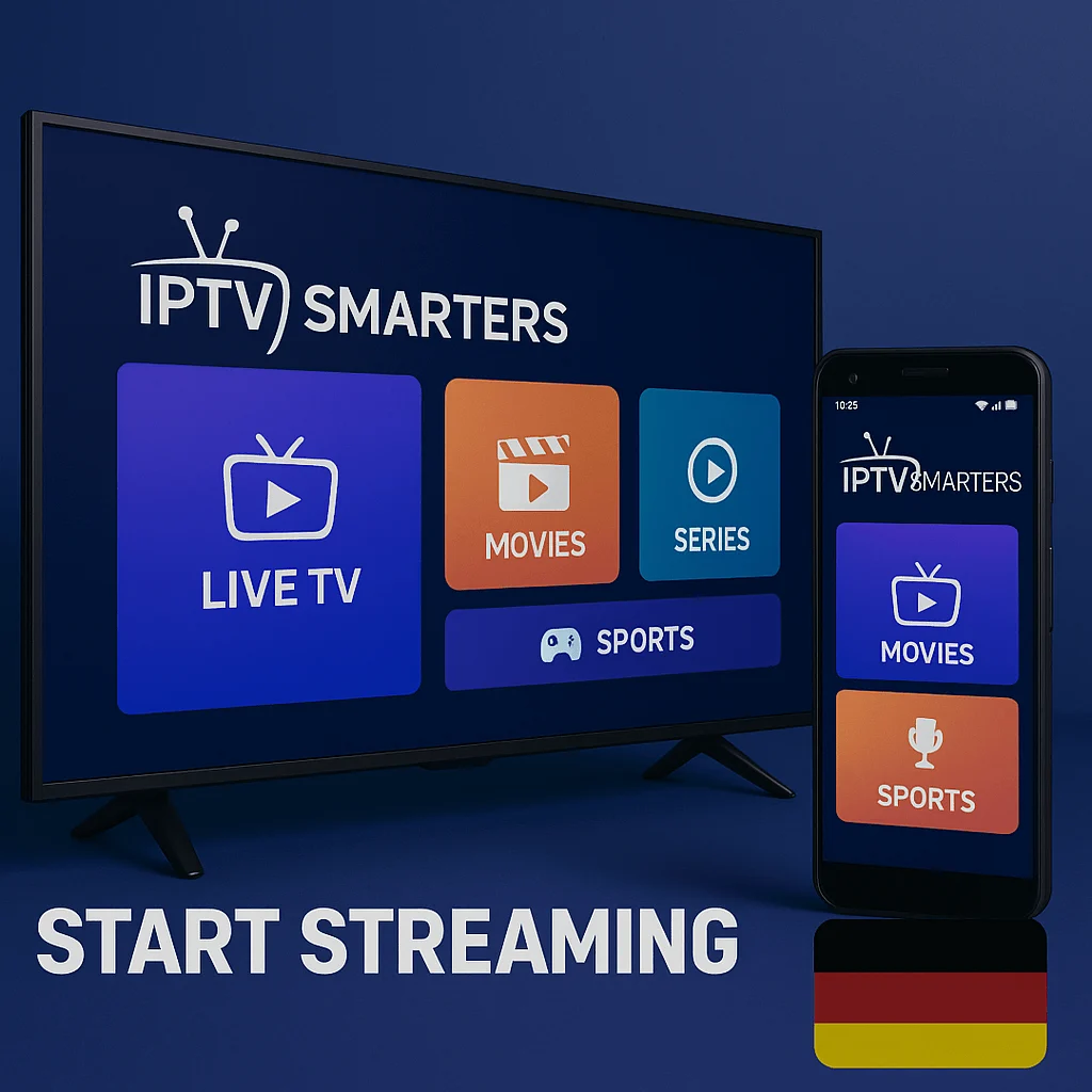 IPTV Smarters Pro promotional image in Germany with Smart TV and smartphone interface, German flag included