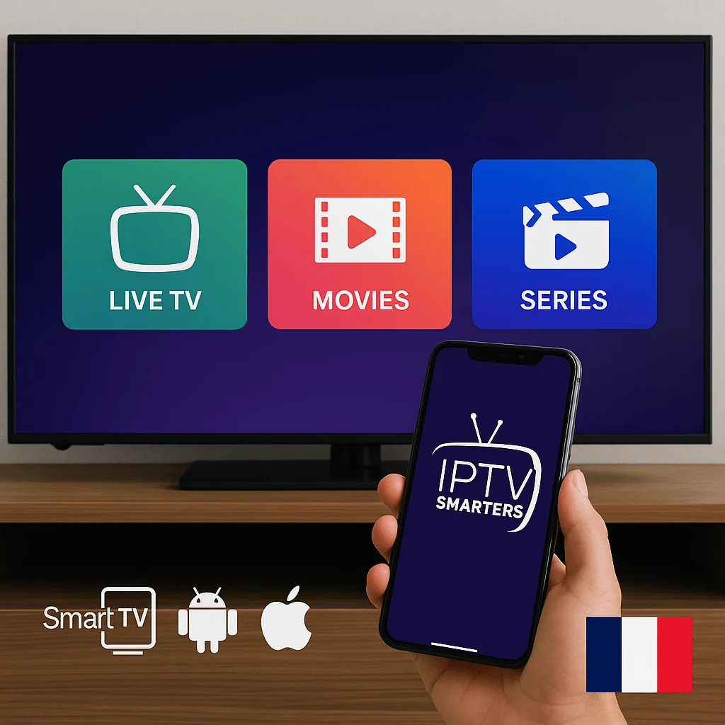 Image promotionnelle IPTV Smarters Pro en France avec Smart TV et smartphone affichant l’app et drapeau français