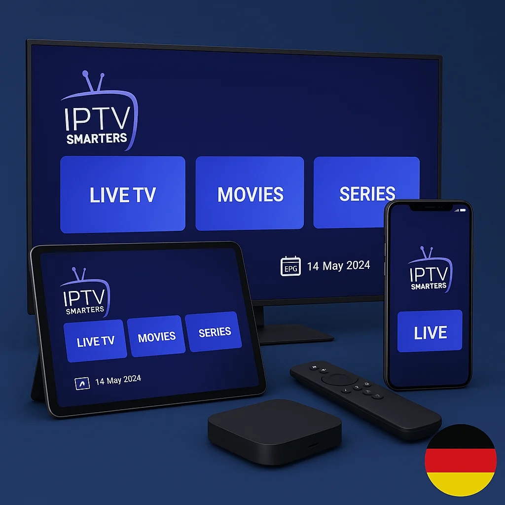 Werbebild IPTV Smarters Pro in Deutschland mit Smart TV, Tablet, Smartphone und Streaming-Gerät, deutsche Flagge sichtbar