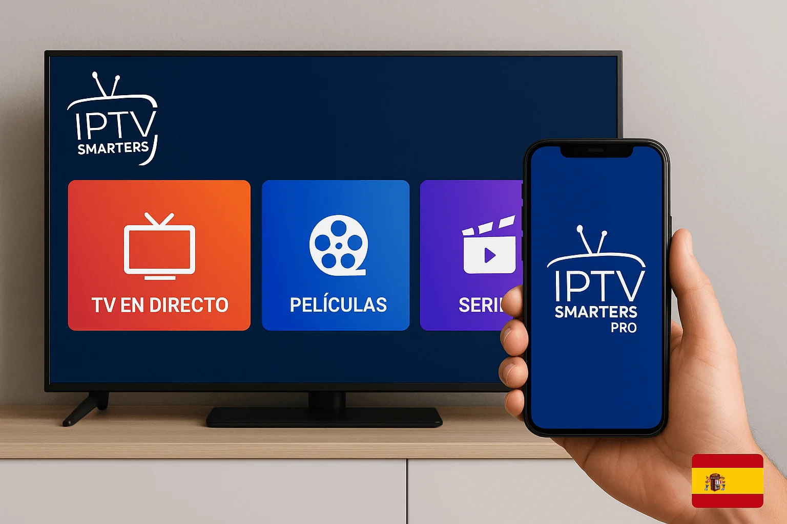 Imagen promocional IPTV Smarters Pro en España mostrando televisor inteligente y smartphone con interfaz de TV en Vivo, Películas y Series y bandera española