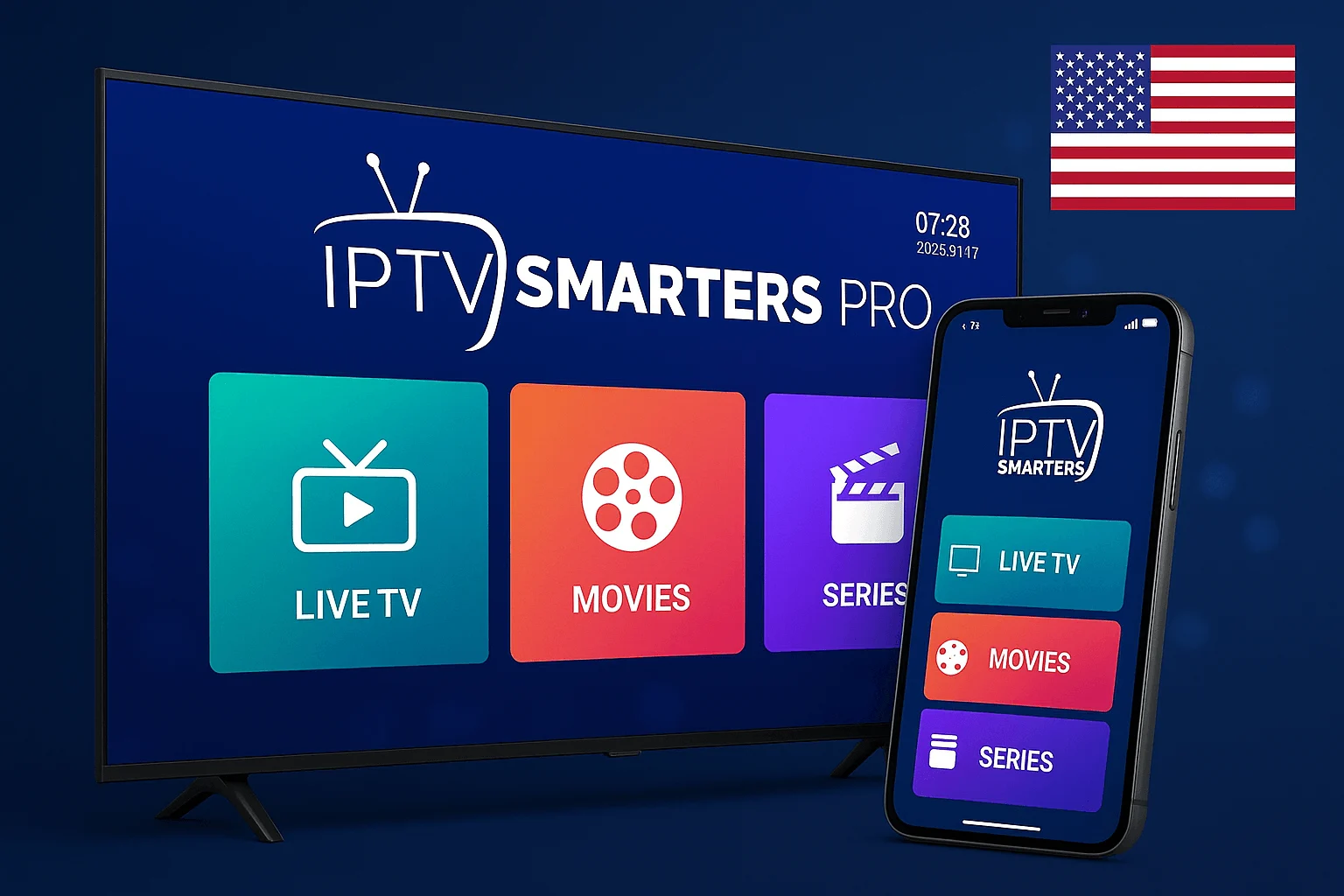 Promotional IPTV Smarters Pro image showing Smart TV and smartphone with app interface, no title or text