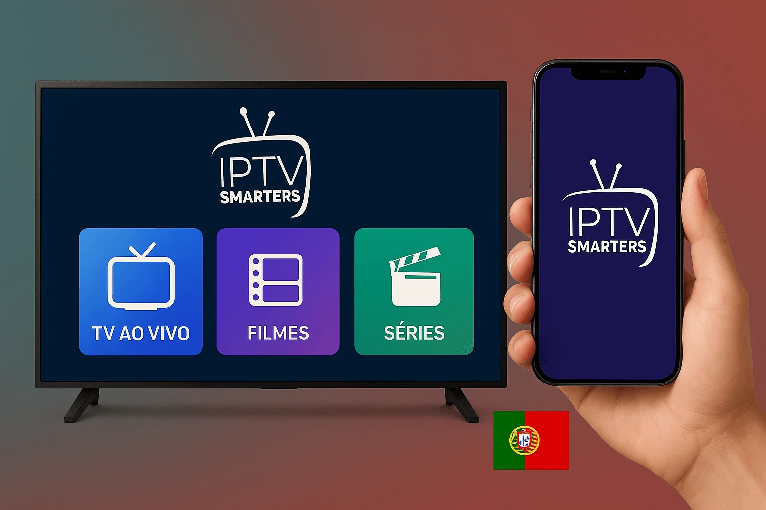 Imagem promocional IPTV Smarters Pro em Portugal mostrando Smart TV e smartphone com interface de TV ao Vivo, Filmes e Séries com bandeira portuguesa