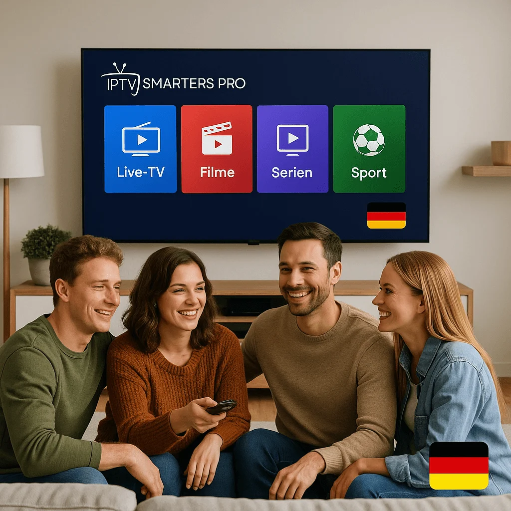 Foto in Deutschland mit Freunden in einem modernen Wohnzimmer, die IPTV Smarters Pro auf Smart TV mit Live-TV, Filme, Serien und Sport Icons genießen