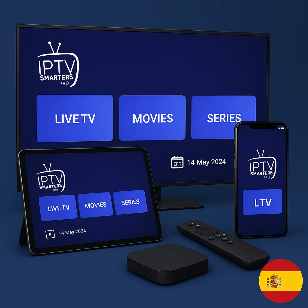 magen promocional IPTV Smarters Pro en España mostrando Smart TV, tablet, smartphone y dispositivo de streaming con bandera española