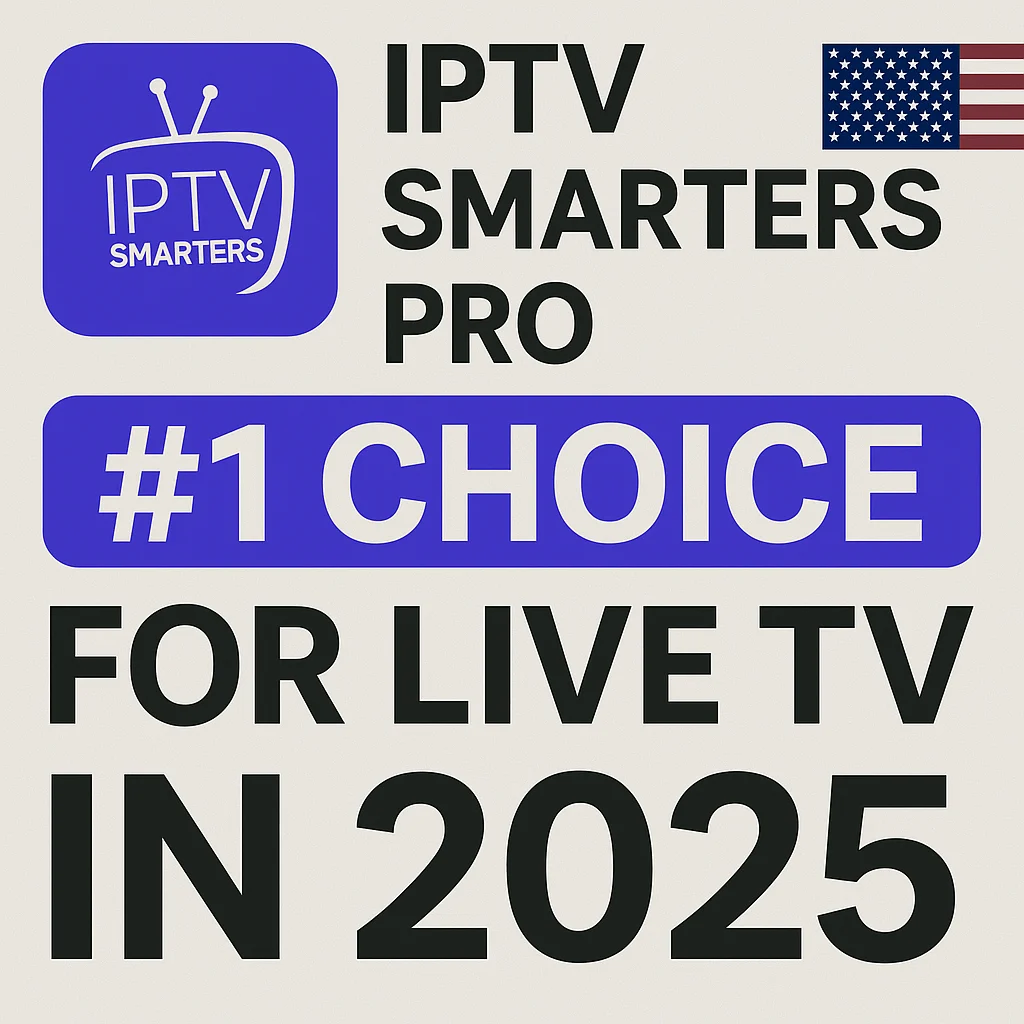 Promotional image of IPTV Smarters Pro showing a Smart TV interface with Live TV, Movies, Series, and Sports while people watch together in a modern living room