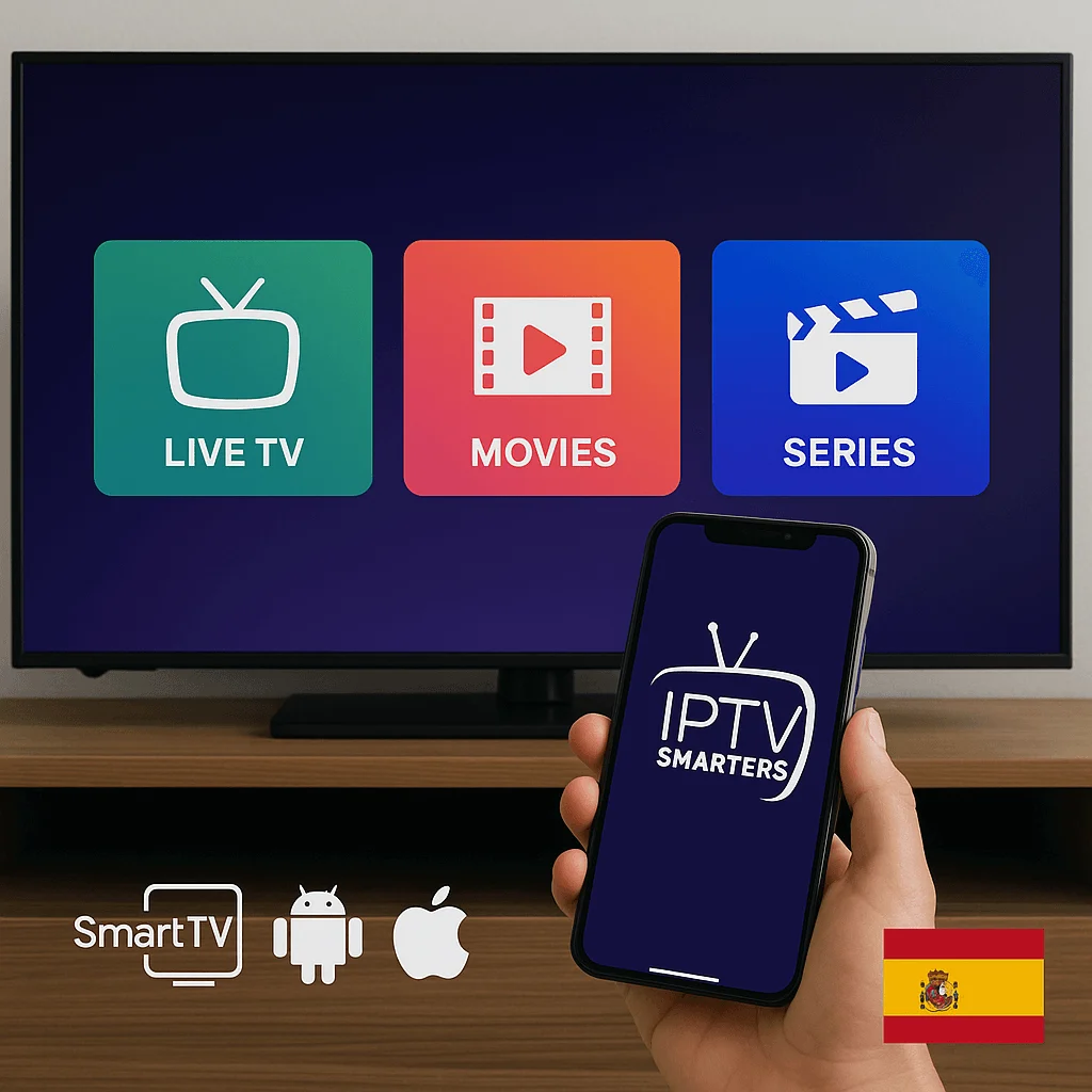 Imagen promocional IPTV Smarters Pro en España con Smart TV, smartphone y bandera española