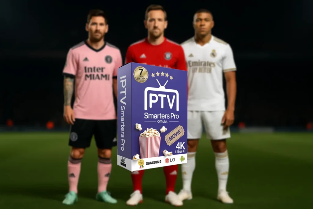 Messi, Kane, and Mbappé standing on a football field in full kits, symbolizing access to FIFA Club World Cup 2025 via IPTV Smarters Pro.